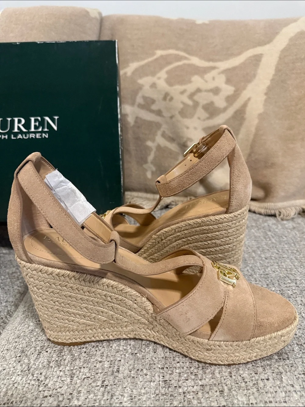 Ralph Lauren Hale Khaki Suede Espadrille Wedge Sandals Size 8B